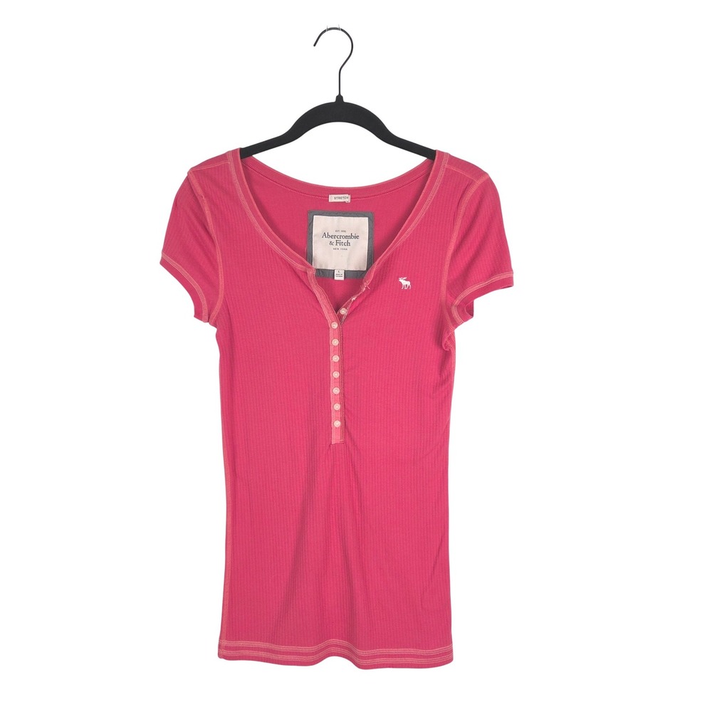 Vtg Abercrombie & Fitch Y2K Pink Ribbed Henley Short Sleeve Top L Moose 2000s
